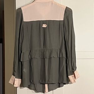 Addison olive green with peachyish trim silk blend blouse, ruffle at waist, sz S